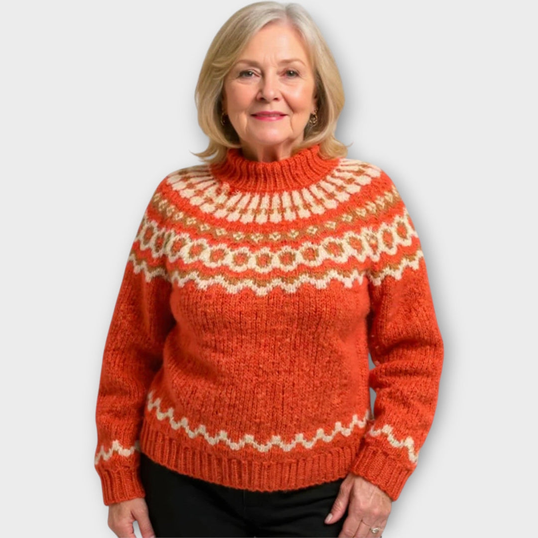 Kootud kampsun mustriga kraega mugavuseks.